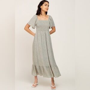 Pinkblush Light Olive Floral Smocked Maternity Midi Dress